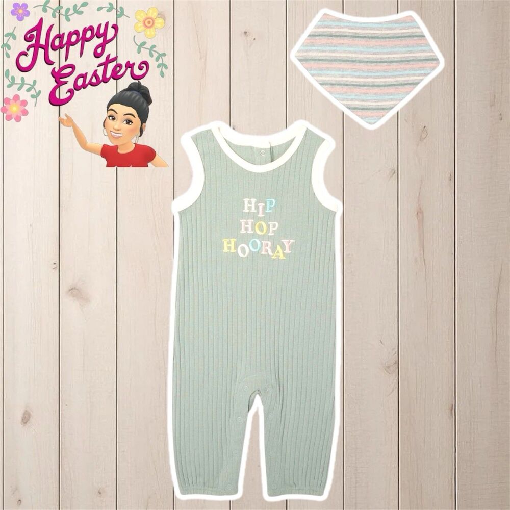 Way to Celebrate Green Unisex Easter Romper & Bandana  2pc Outfit Size 24M